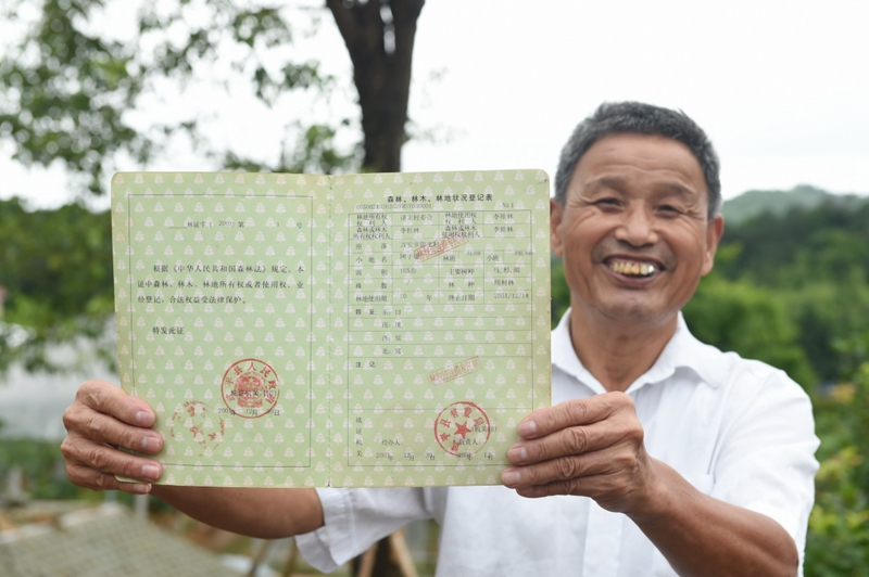 2017年6月13日，福建武平縣萬安鎮(zhèn)捷文村村民李桂林展示林權(quán)改革后領(lǐng)到的全國第一本新式林權(quán)證。