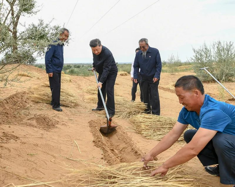 2019年8月21日，習(xí)近平來(lái)到甘肅省武威市古浪縣八步沙林場(chǎng)，實(shí)地察看當(dāng)?shù)刂紊吃炝?、生態(tài)保護(hù)等情況。新華社記者 謝環(huán)馳 攝