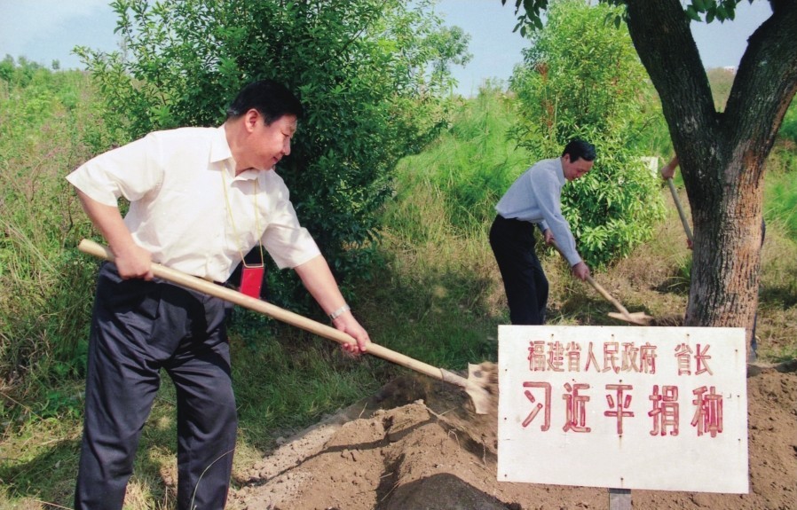 2001年10月，習(xí)近平在龍巖市長(zhǎng)汀縣調(diào)研水土流失治理工作，在河田世紀(jì)生態(tài)園為樹培土。圖源：《習(xí)近平在福建（下）》