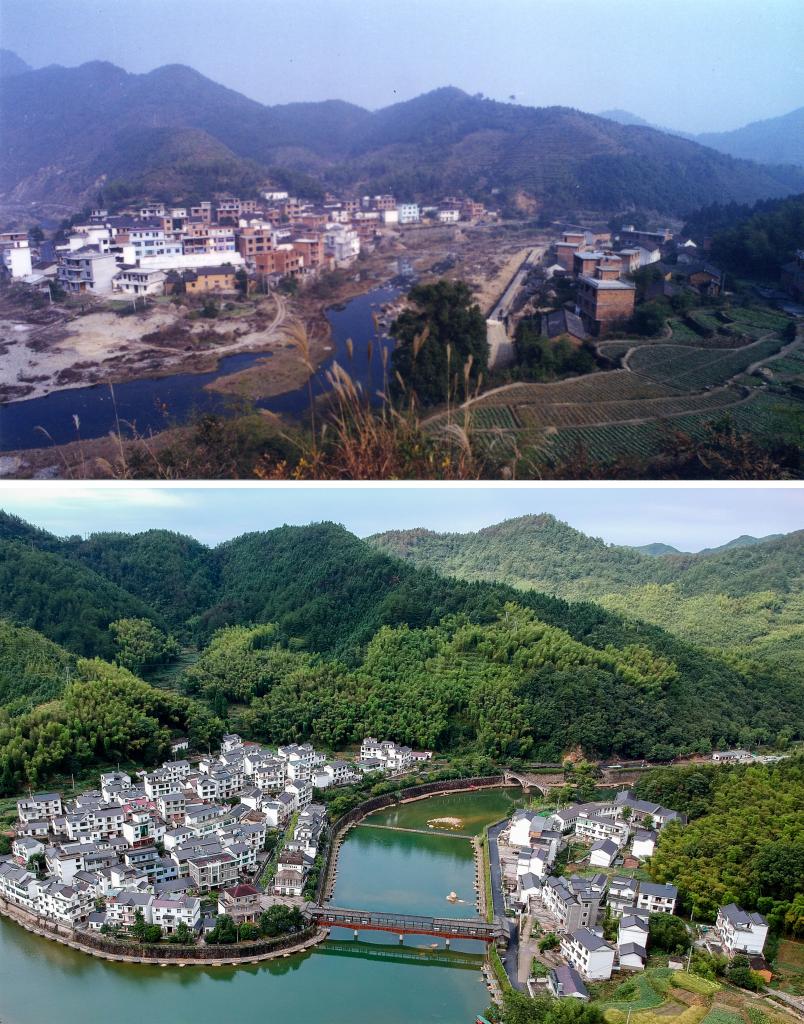 圖為浙江省杭州市淳安縣楓樹(shù)嶺鎮(zhèn)下姜村拼版圖，其中上圖為資料照片、下圖由新華社記者張鋮攝。